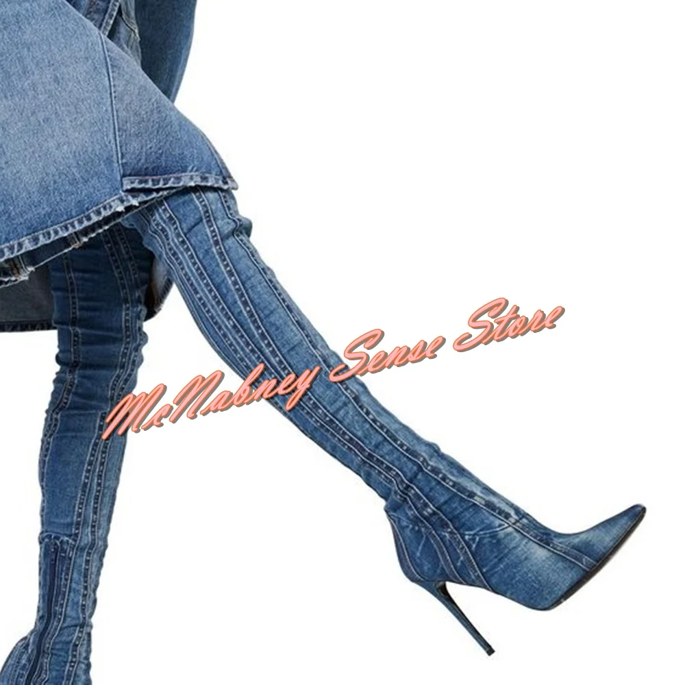 Denim Straps Pointy Toe Boots Thin High Heels Solid Fitted Over The Knee Side Zipper Boots Autumn Party Sexy Style Women Shoes