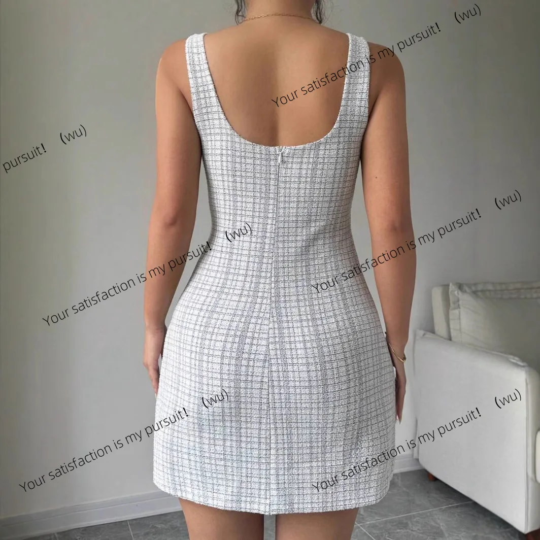 欧米風セクシーなスパイスガールズ風スリムフィットUネックリアジッパースリーブレスチェック柄ワンピース