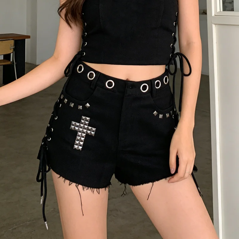 Spring Y2K High Street Gothic Cross Diamond Decorative Shorts Trendy Fashion Three Part Pants Ins Style Hot