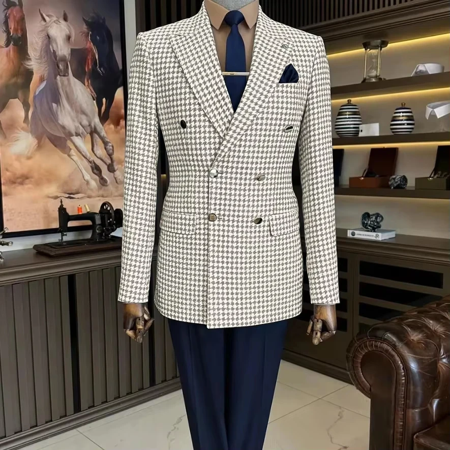 Vintage Houndstooth Tweed Blazer for Men Slim Fit Double Breasted Casual Suit Jacket with Pocket Square Business Formal Wedding