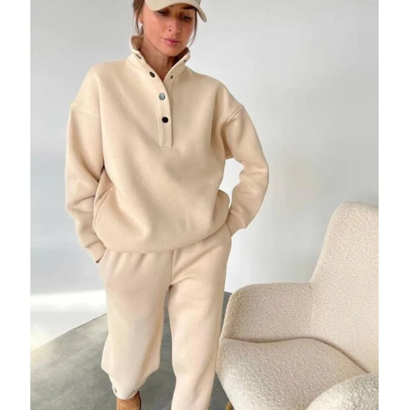 

2 Pieces Set For Woman Spring Autumn New Arrival Stand Collar Hoodie Long Pants Outfit Solid Color Buttons Tracksuits Sets Lady