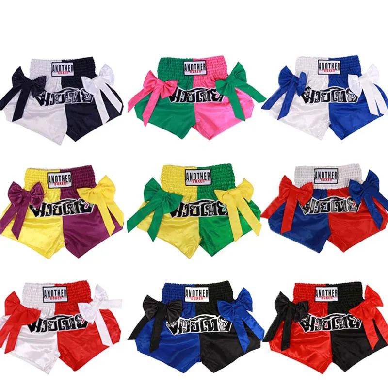 Muay Thai Boxing Shorts Adult Men Women Kids Fight Combat Training Professional Thai Trunks Bowtie Embroidered Short Boxe XS-3XL