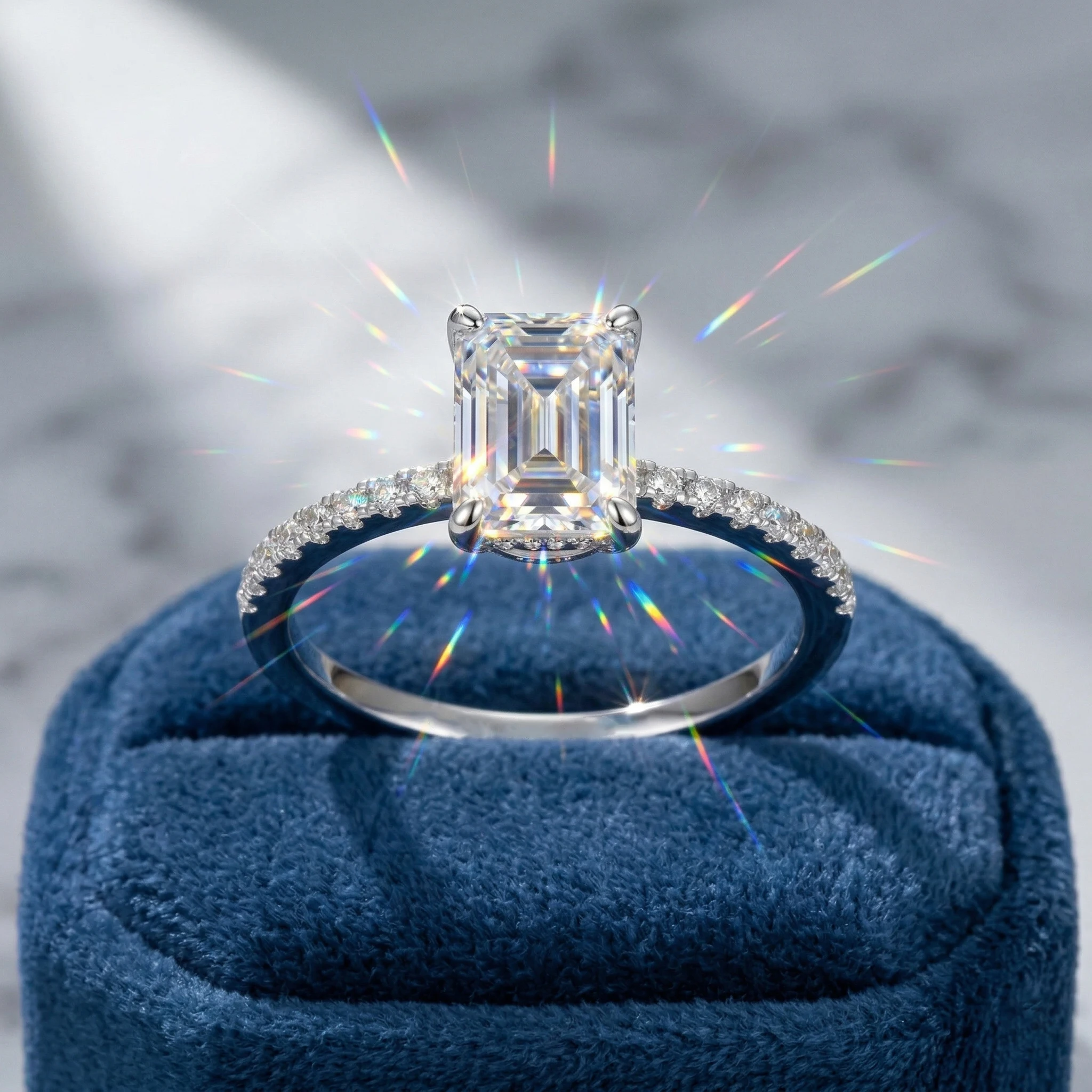 

Emerald Cut Moissanite Ring, 925 Silver, D Color VVS1, 2ct 4 Prong Pave Shank, Engagement Ring, Women's, Cert Quality