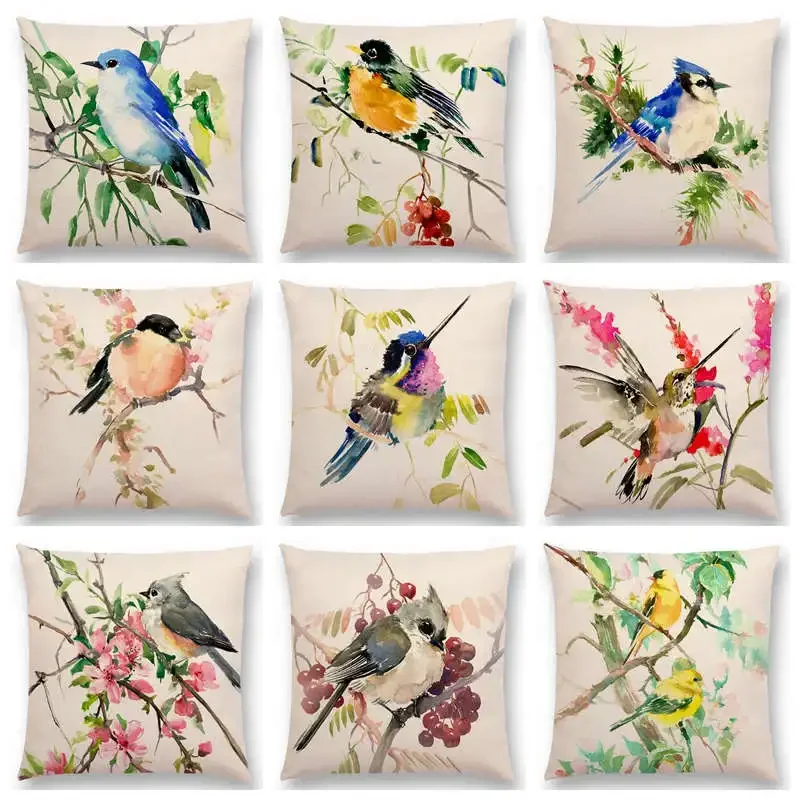 Watercolor Lovely Birds Cushion Cover Robin Tit Finch Hummingbird Goldfinch Sparrow Prints Pillow Case