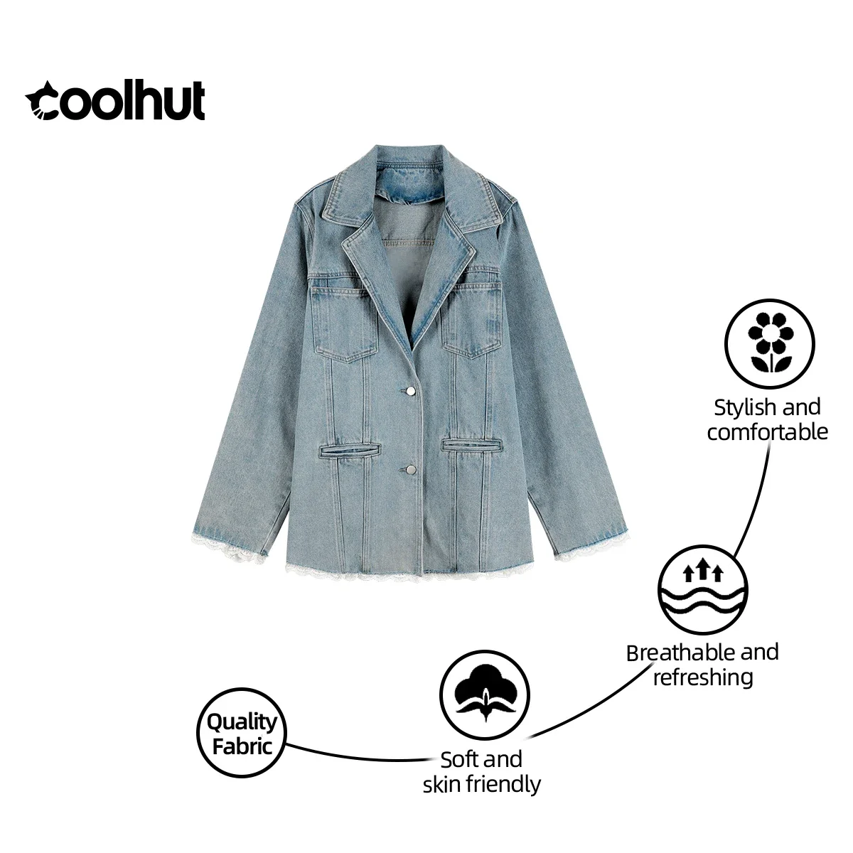 

COOLHUT Women's 2025 Lace Trim Denim Jacket Patchwork Oversized Pocket Vintage Coat Mid-Length American Casual Autumn Outerwear