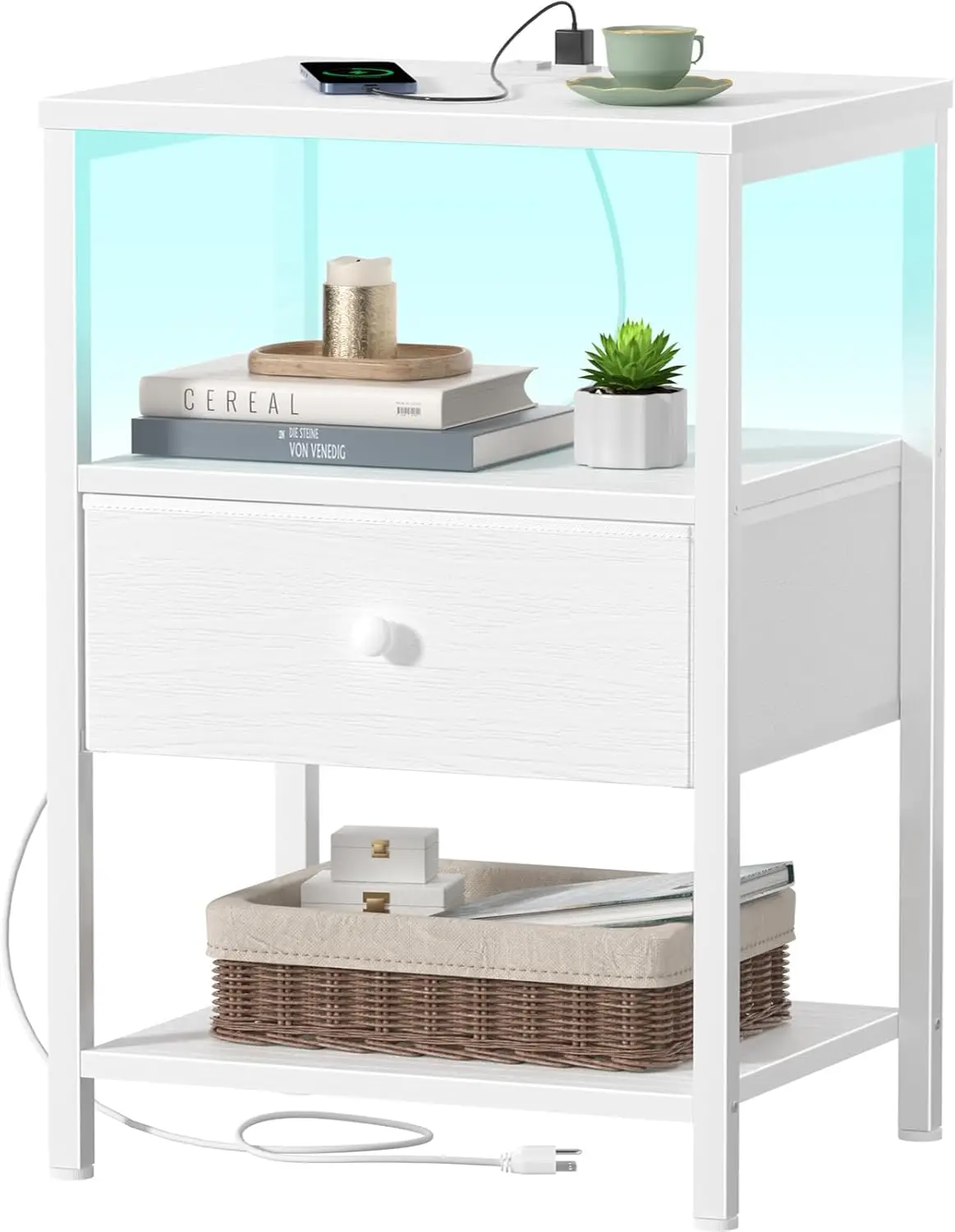 

Modern LED Nightstand with USB Charging Station, Fabric Drawers, and Shelf for Bedroom