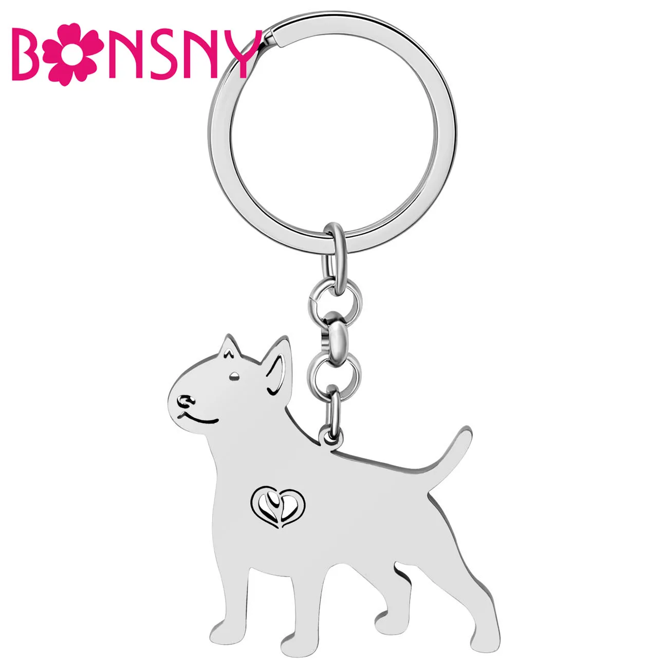 Bonsny Stainless Steel Silver-plated Cute Bull Terrier Dog Keyring Puppy Key Chain Handbag Purse Doggy Keychains For Women Gifts