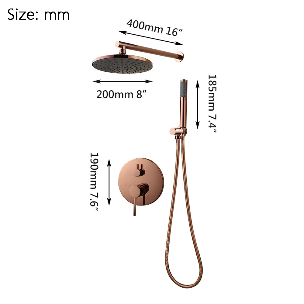 Torayvino Rose Gold 8" Round Rainfall Spout Bathroom Shower Faucet Wall Mounted Hand Showers Rotate Bathtub Mixer Water Tap Set - Image 2