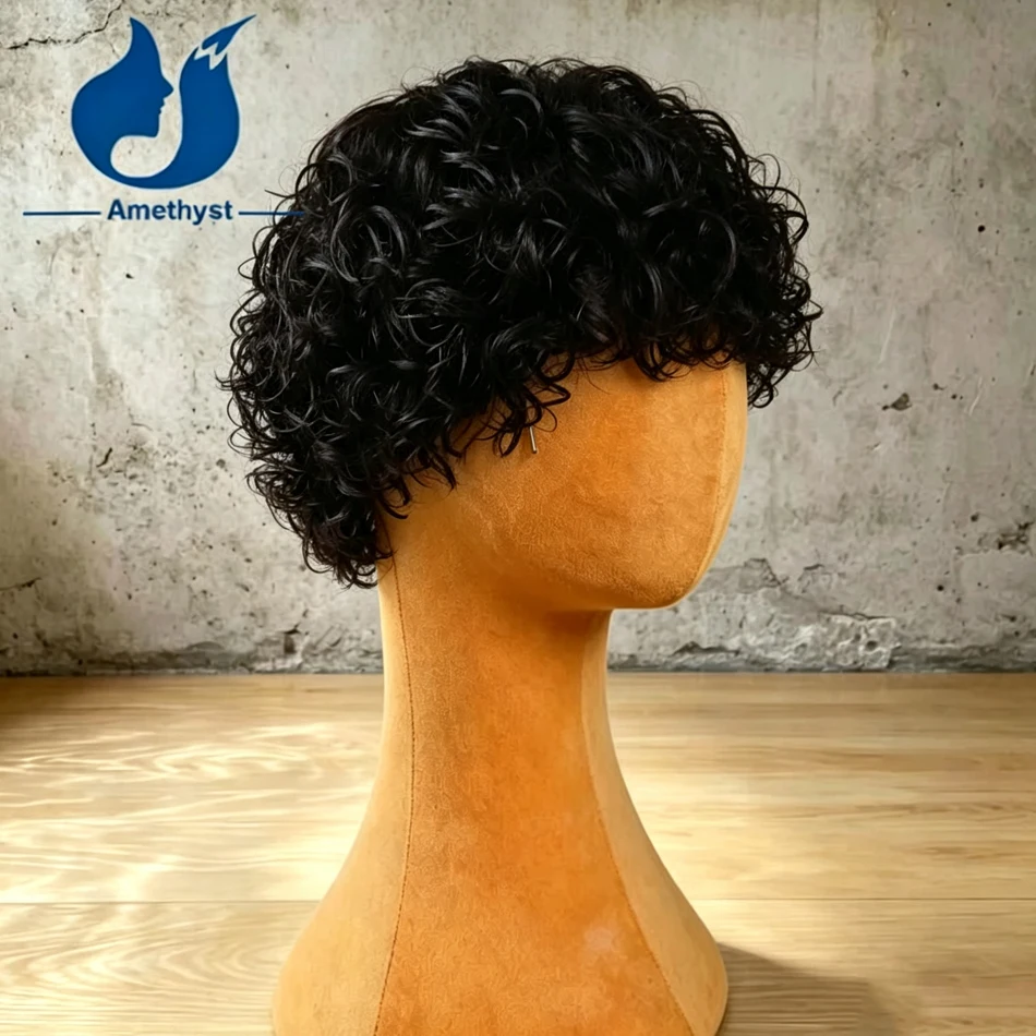 Amethyst Pre Styled Black Curly Short Pixie Cut Full Lace Wig Soft Brazilian Remy Human Hair for Men with Bang Pre Plucked