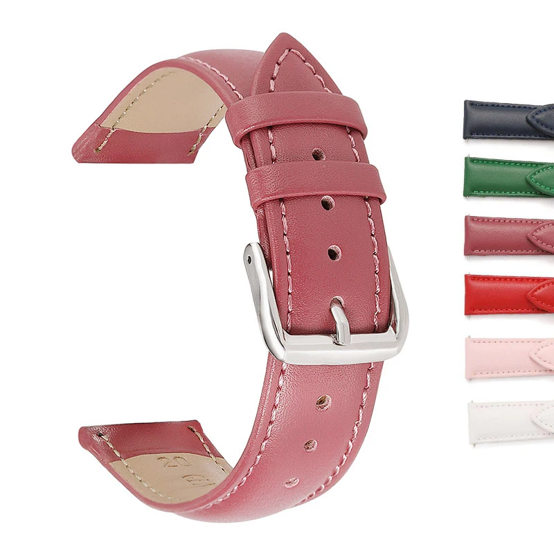 6 Colors Genuine Leather Watch Band 14mm 16mm 18mm 20mm 22mm Leather Bracelet Green Blue Red Purple White Women Leather Straps