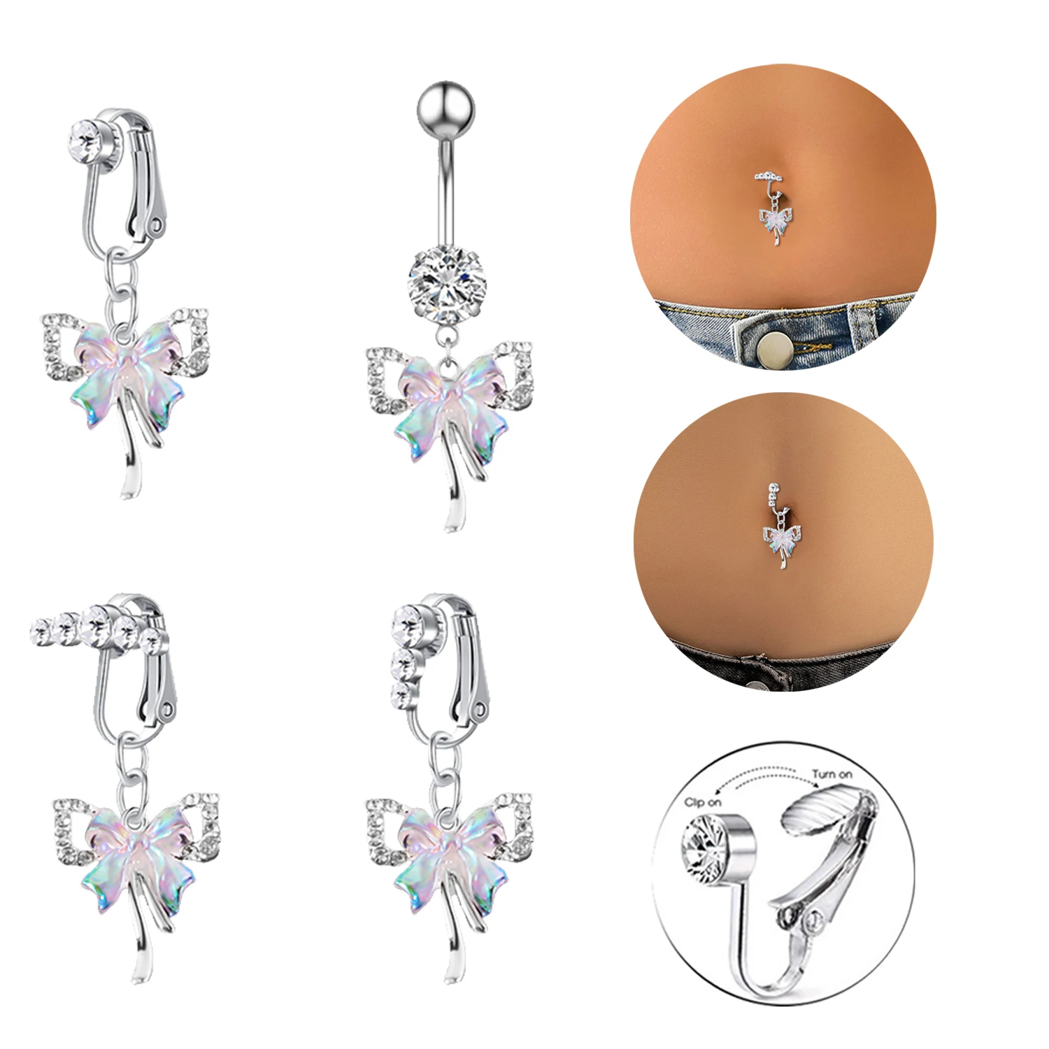 

Bow Faux Bell Button Ring Piercing Zircon Polychromatic Clip On Umbilical Navel Fake Piercing Cartilage Earring Fake Clip Women