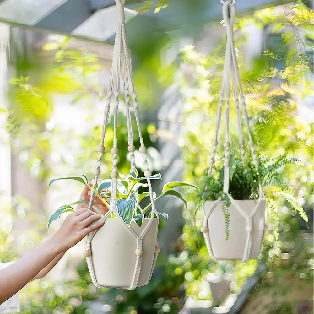 Plant Hanger Indoor Set of 2 with 4 Hooks, Hanging Planter or Plants Holder with Decorative Wood Beads, Boho Home Decor, 35 Inch