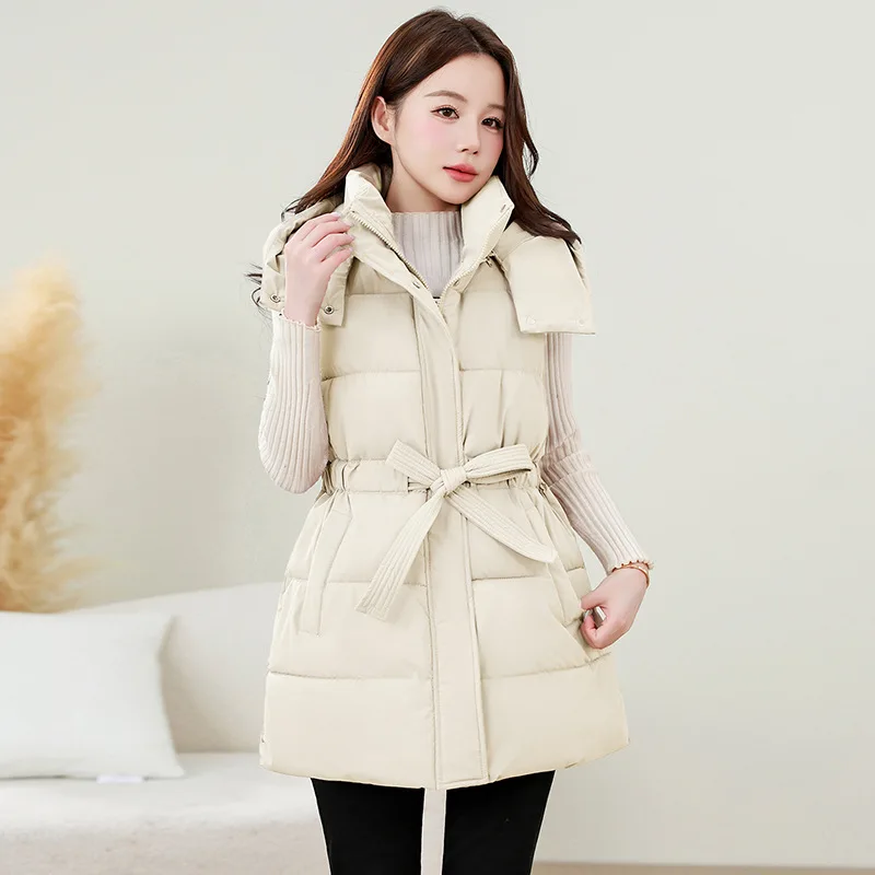2026 Autumn Winter Women's Cotton Vest Jacket Casual Ladies Waistcoat Temperament Korean Soild Warm Sleeveless Outwear with Belt