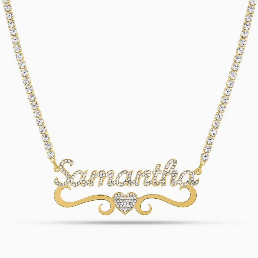 

Iced Out Script Name Necklace Custom Stainless Steel Heart-Shaped Necklace Personalized Tennis Chain with Ice-Cut Pendant
