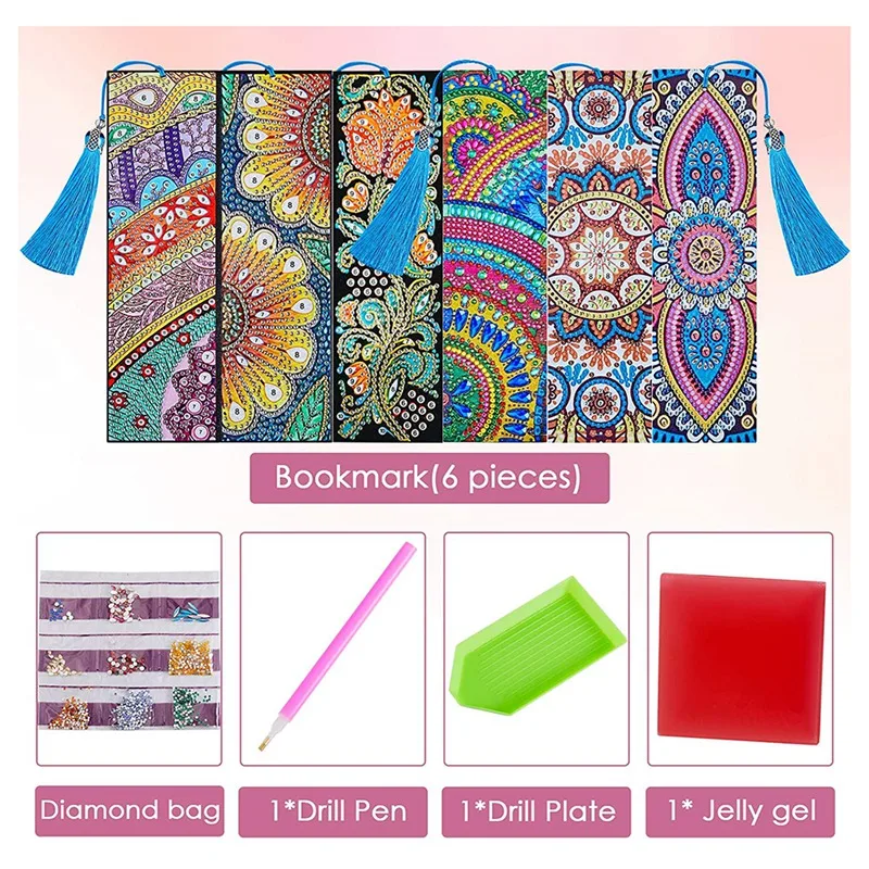 6 Pcs 5D Diamond Bookmark DIY Painting Bookmark Leather Tassel Bookmark For DIY Making Arts Crafts Students Adults