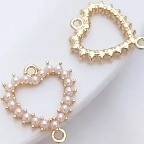 14K Gold eingelegte Perle herzförmiger Diamant rund doppelt hängendes Zubehör Diy Armband Ohrringe Anhänger Stecker K121