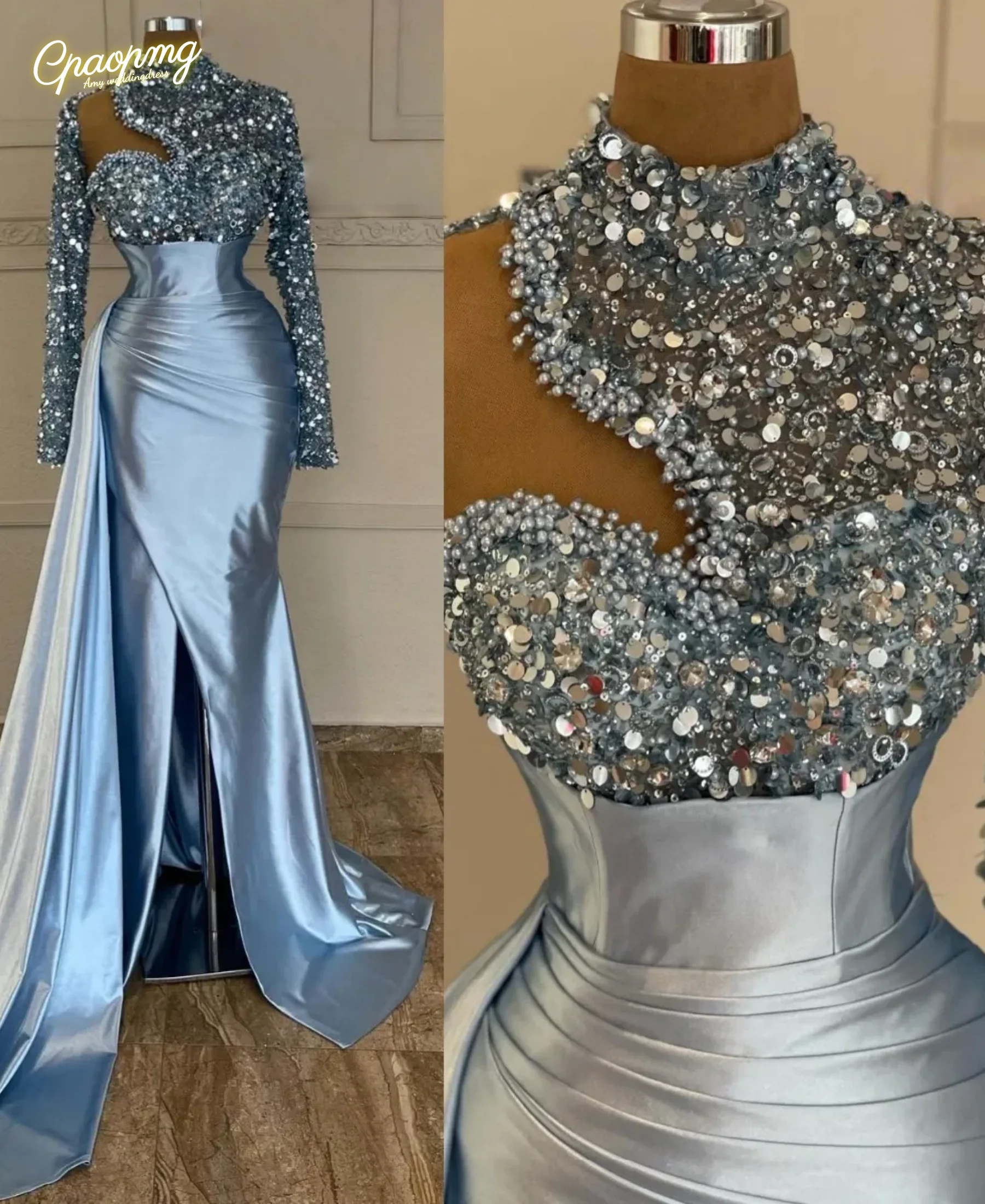 

Customized Sexy Sky Blue Mermaid Evening Dresses Sequins Pearl High Neck Long Sleeves Formal Party Prom Dress special occasion