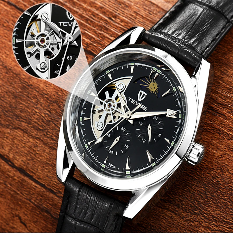 Fashion Tevise Top Brand Automatic Mechanical Leather Tourbillon Waterproof Moon Phase Watches Luminous Male Clock Leather Hour