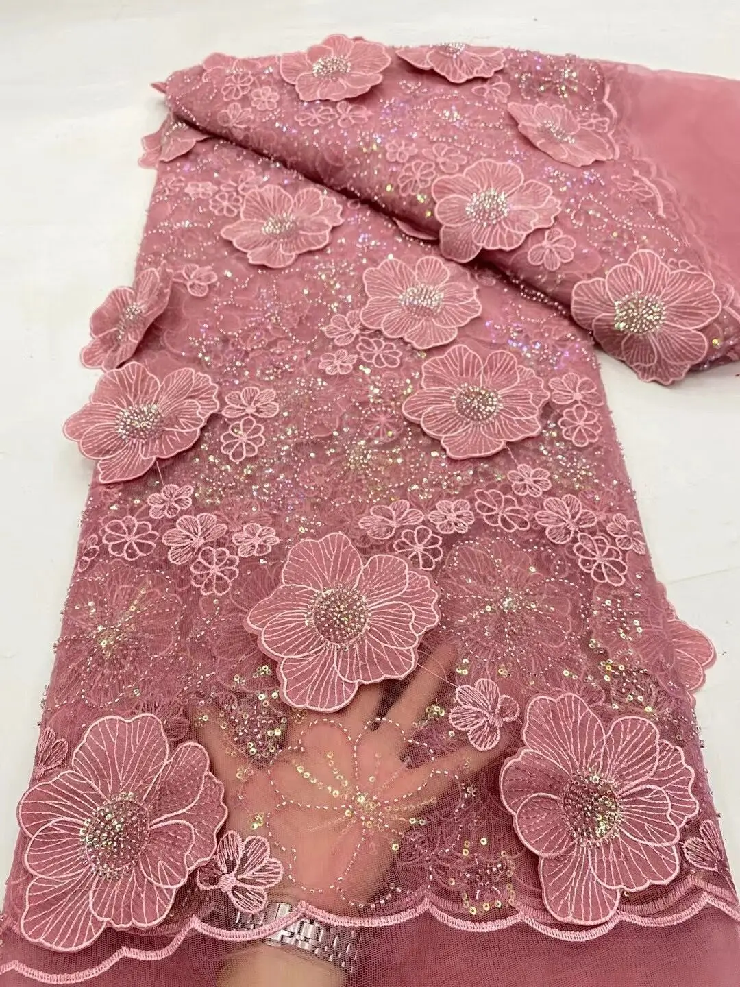 

3D Beaded Tulle Lace Fabric, Embroidered Flower,2024 Nigerian Fabric for Sewing, 5 Yards, Luxury DP0151