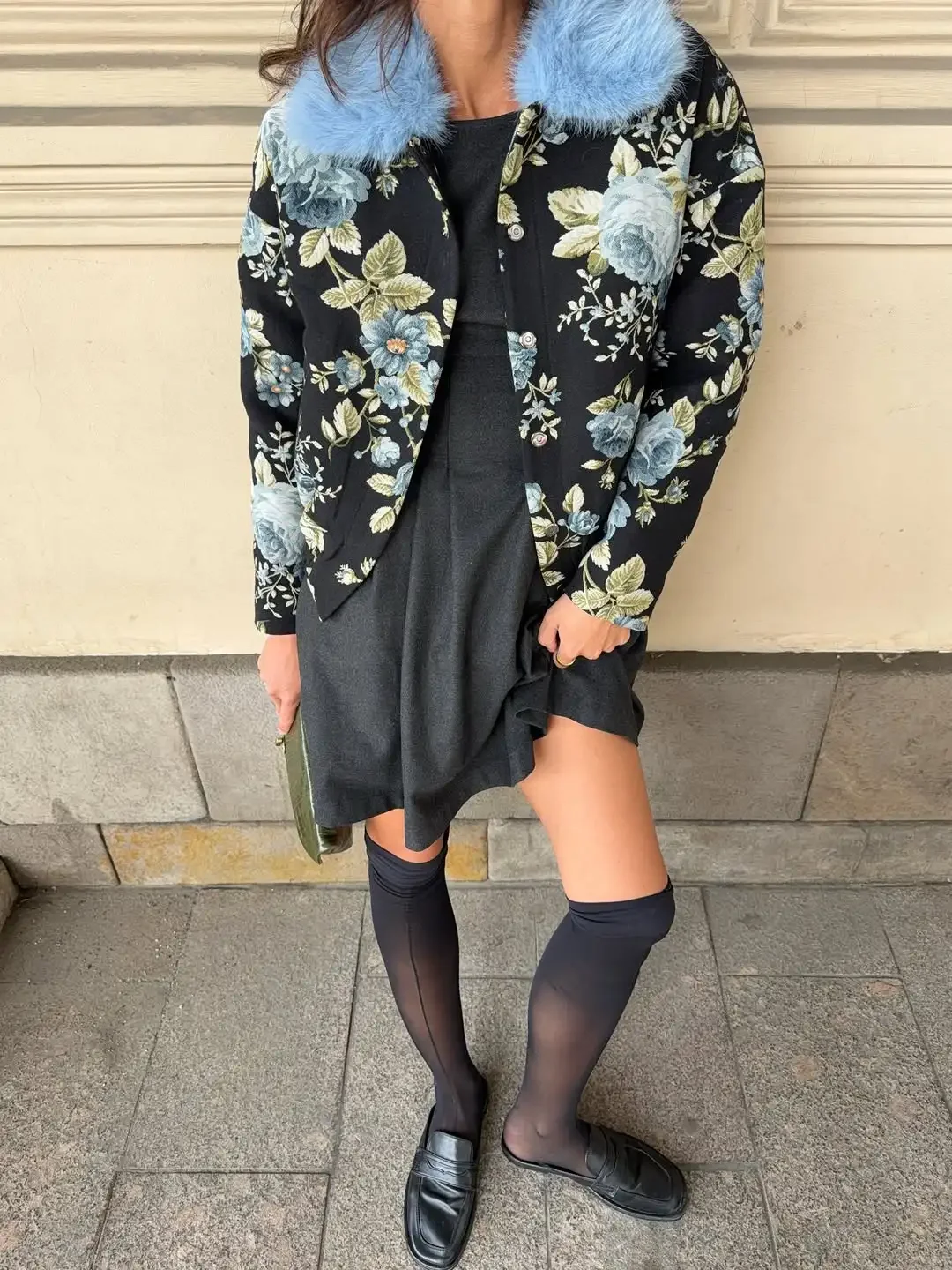 Black Floral Print Blue Fur Collar Short Jacket Chic Single Breasted Long Sleeved Coat Women Autumn Winter Street Daily Wear New