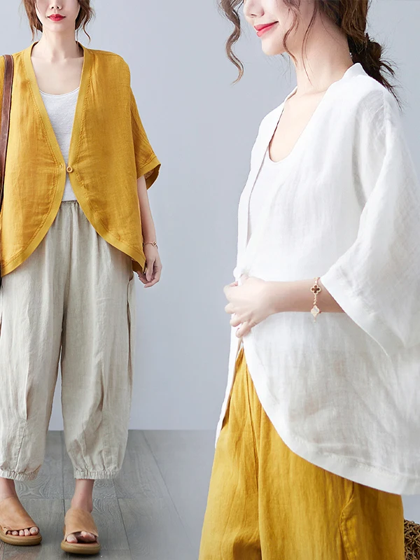 Women's Summer Thin Cotton Linen Sun Protection irt Artistic UV Protection Loose Fit ort Outerwear V-Ne Button up