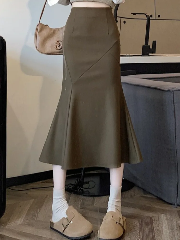 카라멜 울 스커트 여성용 가을 겨울 신상 하이웨이스트 A라인 미디 기장 바디콘 피테일 스커트 여성 패션