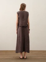 FSLE【Premium Series】Summer Women Linen Two Piece Set Cut-Out Embroidered Sleeveless Top Midi Skirt Boho Beach Vacation Style - Image 6