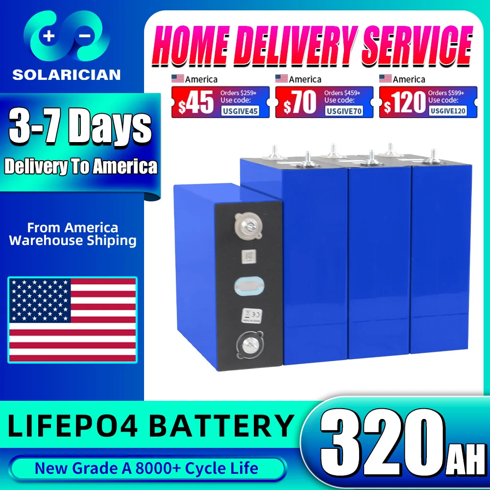 8000 Cycles Grade A 320Ah LiFePO4 Battery 3.2V Lithium Iron Phosphate Rechargeable Cell DIY 12V 24V 48V RV EV Golf Cart Solar
