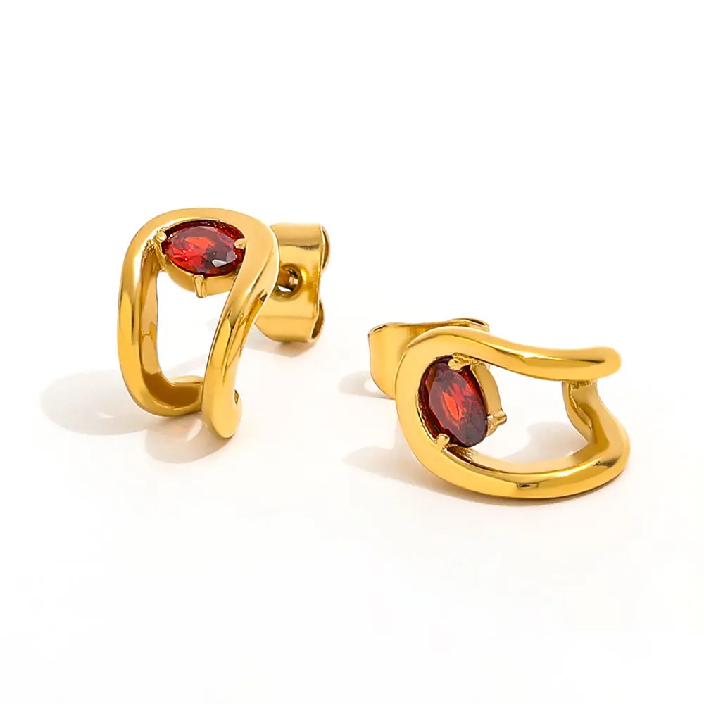 

Joolim Jewelry High Quality PVD Wholesale Waterproof Fashion Small Folded Red Zirconia Stud Stainless Steel Earring for Women