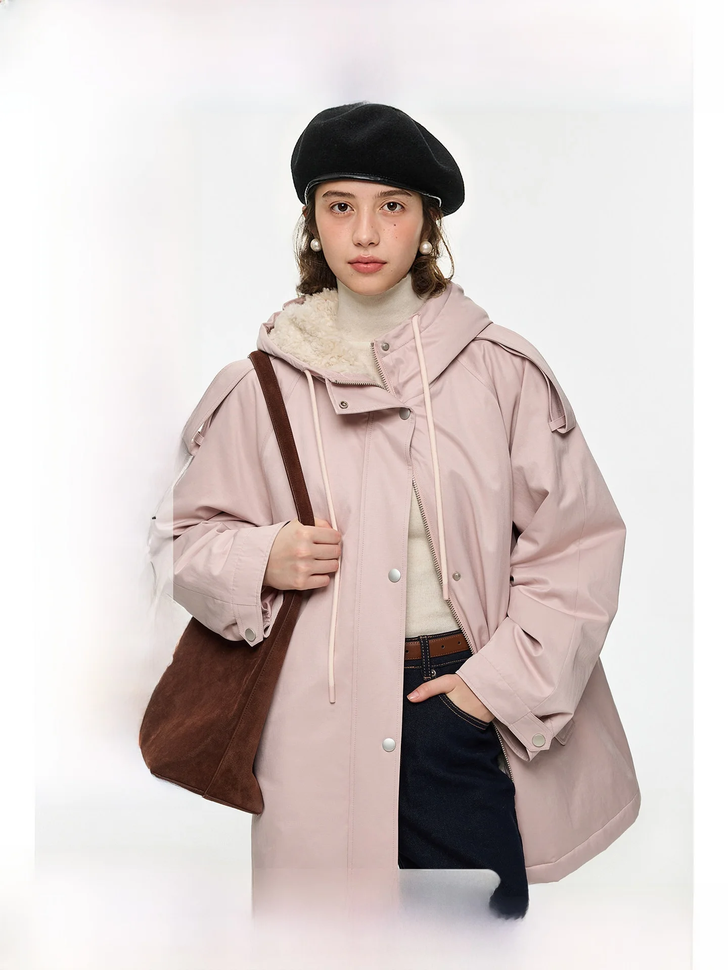 

Rui plus Size Women's Hooded down Jaet 90 White Du Feather Winter Warm Loose Fitting Sli Outerwear for Plump Ladies