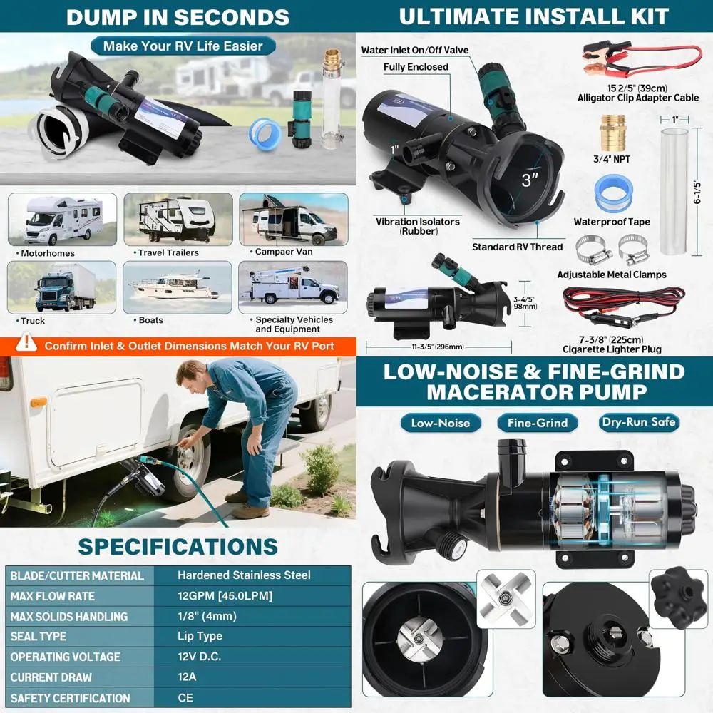 

Комплект насосов для автодома, 12 В — портативный мусорный насос 12 галлонов в минуту для автофургонов и прицепов класса A/B/C, кухни, ванной комнаты, с быстросъемным механизмом, H