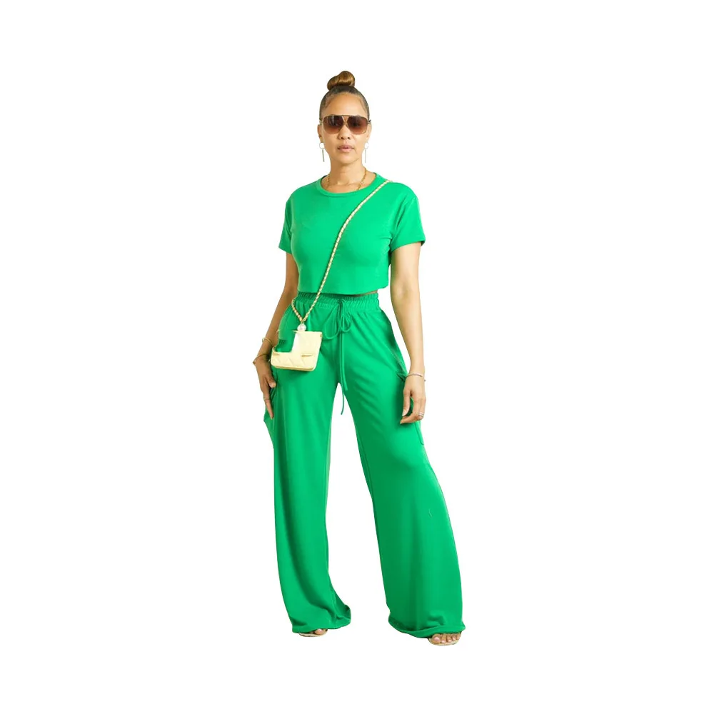 Fashion Two-piece Casual Short-sleeved Top Waisted Loose Workwear Wide-leg Pants Suit Summer Female Holiday Green Sets