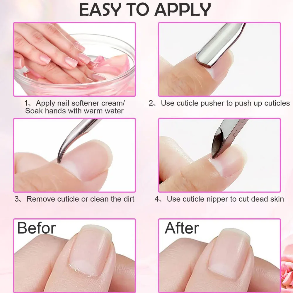 Tagliacuticole rosa + Set spingipelle 1/2/3PC Pinza per cuticole per unghie a doppia estremità in acciaio inossidabile Professione Pedicure Strumento per manicure