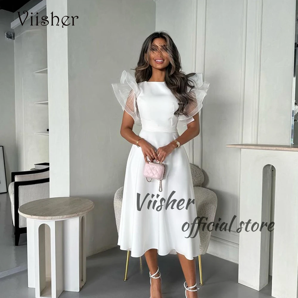 

Viisher White Mermaid Evening Dresses for Women Arabian Dubai Formal Occasion Dress O Neck Satin Prom Party Gowns Tea Length