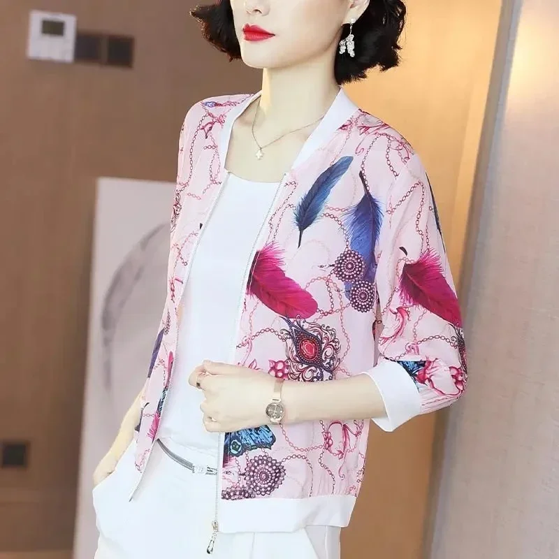 

Korean Fashion Print Chiffon Jacket Pink Lightweight Bomber Outerwear Women Loose Oversize Summer Chaqueta Sun Protection Z181