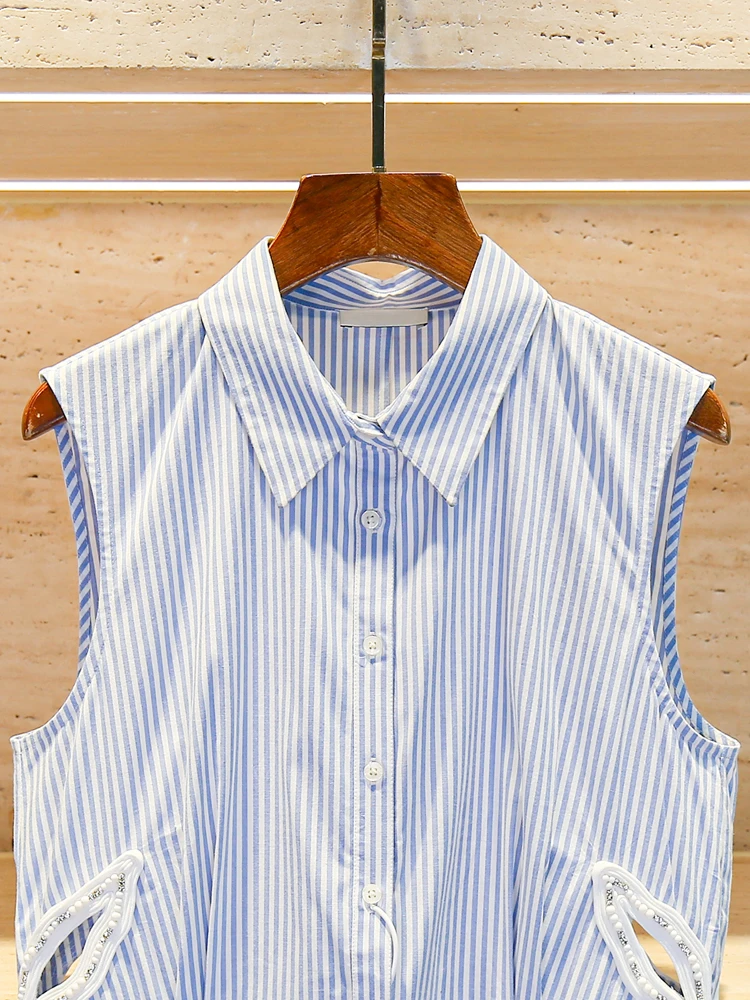 S Home Nan You Design estivo da donna di fascia alta Gilet a righe con perline scavate Dr Gonna lunga semplice a vita alta Dr