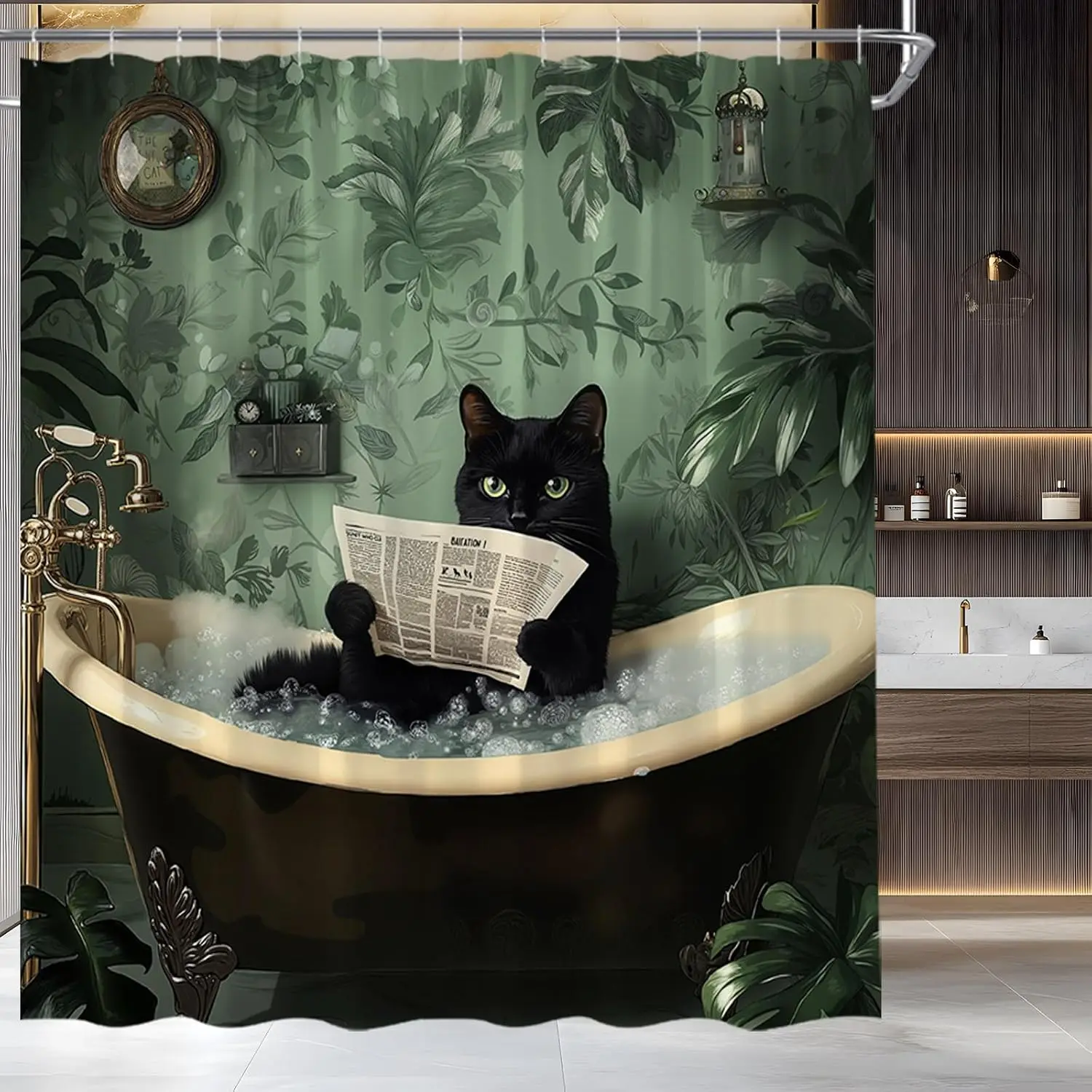 

Black Cat Bath Reading Newspaper Shower Curtain, Green Tropical Leaf Design,Waterproof Fabric Bath Curtain Whimsical Bathroom