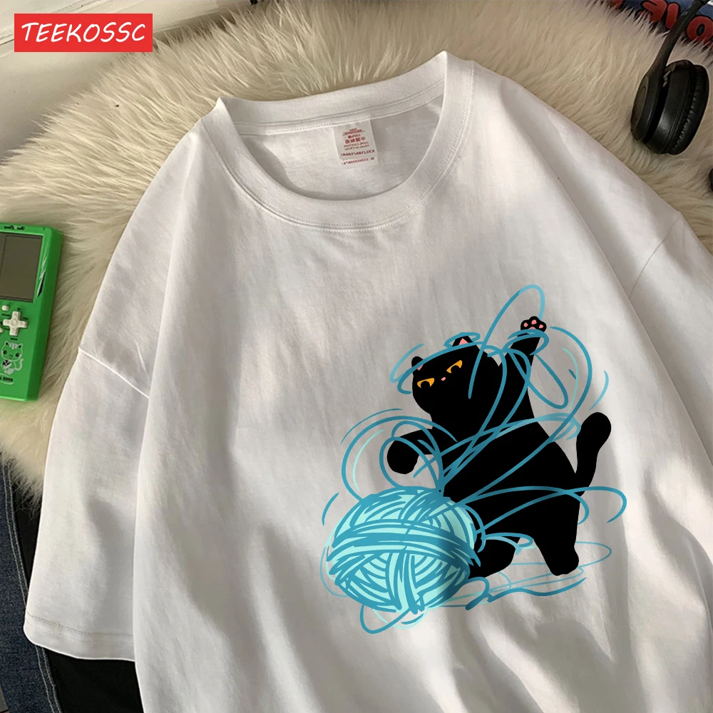 Die kleine Katze aufräumen den String Ballcotton Damen T-Shirts Cartoons Drucke T-Shirt O-Ausschnitt Weiche Oversize Tops Sommerkleidung
