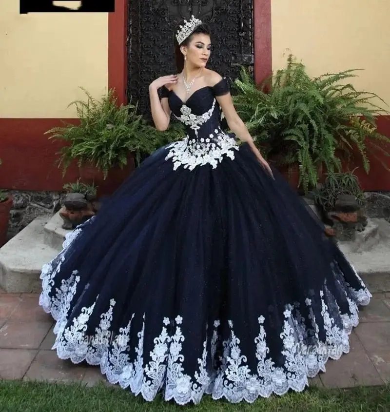 

ANGELBRIDEP Black Gothic Off-Shoulder Lace Quinceanera Dresses Sweet 16 Dress Mexican Prom Gowns Princess Birthday Gowns Custom