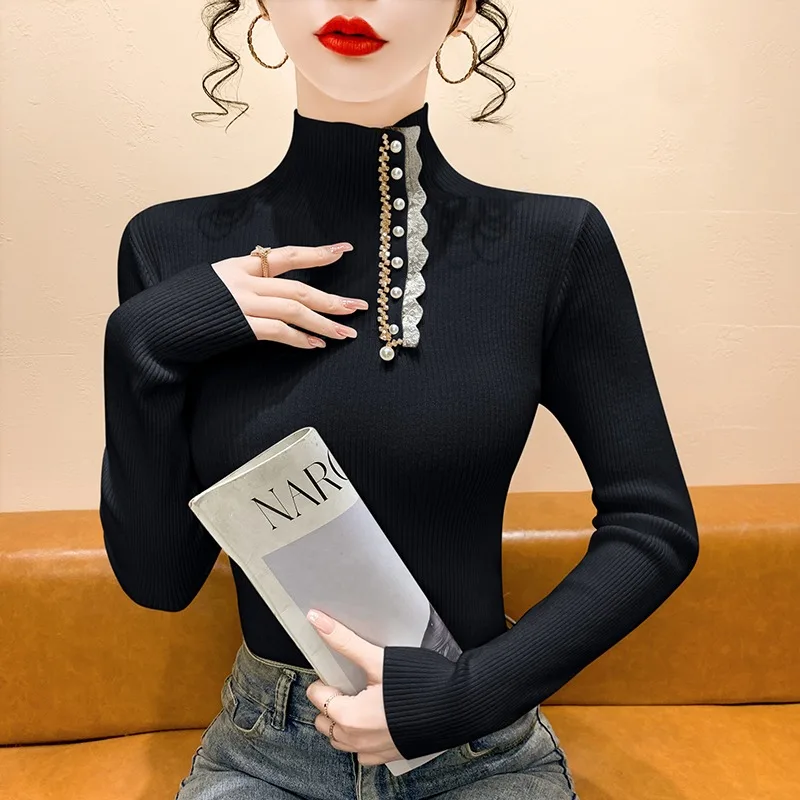 เสื้อไหมพรมแต่งขอบลูกไม้ แขนยาว คอสูง ทรงเข้ารูป ใส่เป็นเสื้อตัวในหรือเสื้อตัวนอก สำหรับผู้หญิง ฤดูใบไม้ร่วง ฤดูหนาว รุ่นใหม่ สไตล์ Sle Com...