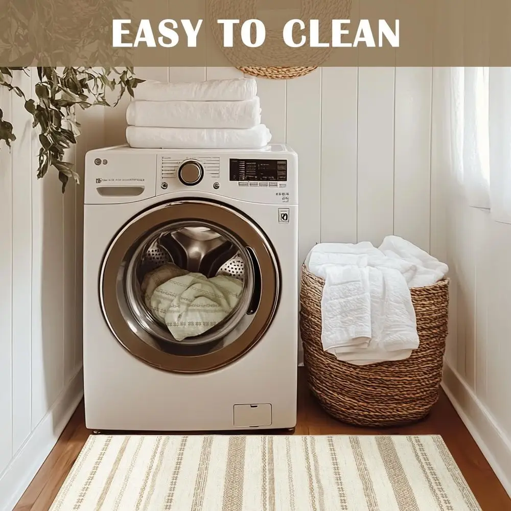 8x10 Moroccan Bohemian Rug - Neutral Beige Ripple Pattern, Machine Washable, Non-Slip for Living Room, Bedroom, and Office