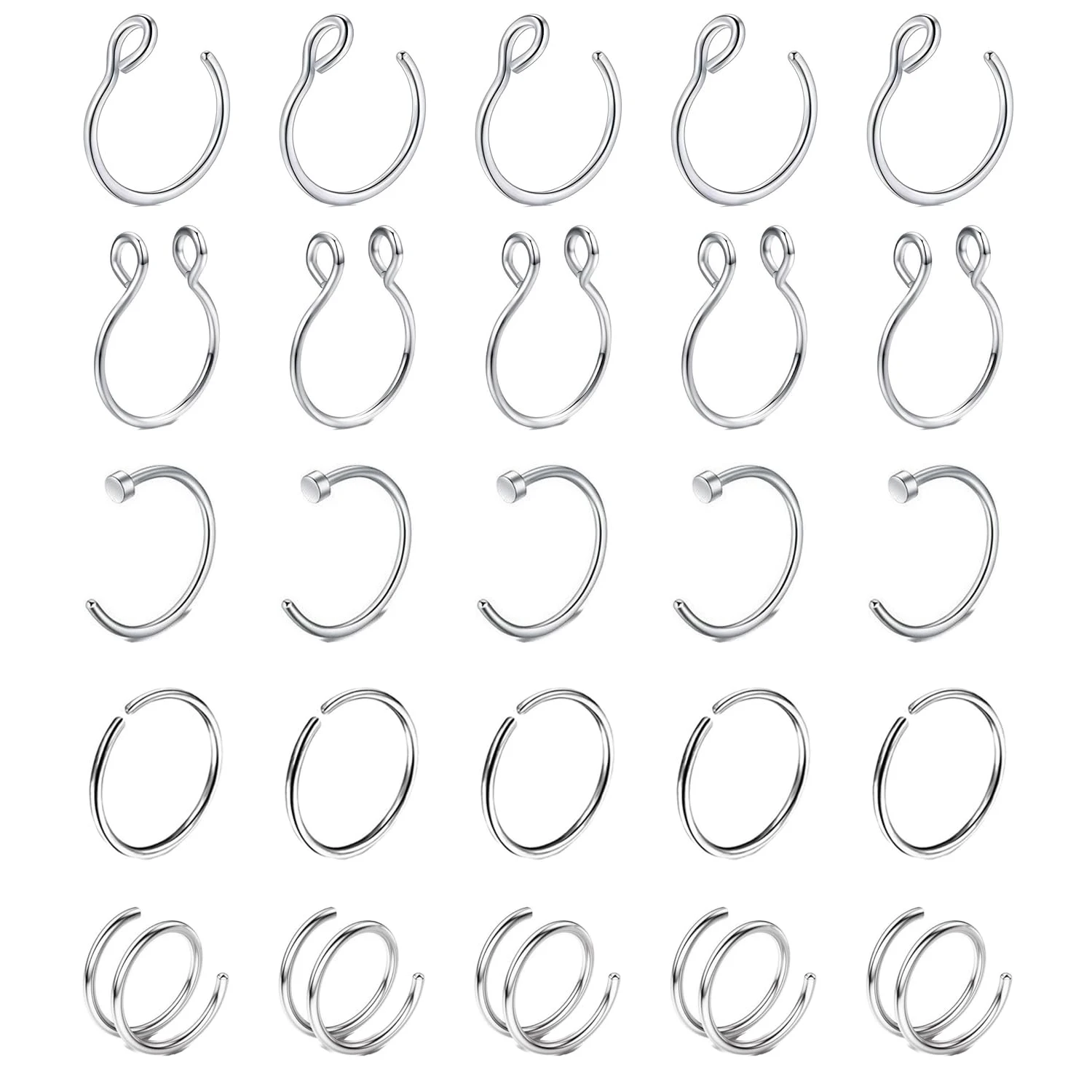 5/25PCS Fake Nose Rings Hoop 20G 8mm Clip On Non-Piercing Set for Women Men 316L Stainless Steel Septum Lip Hoop Jewelry Silvery