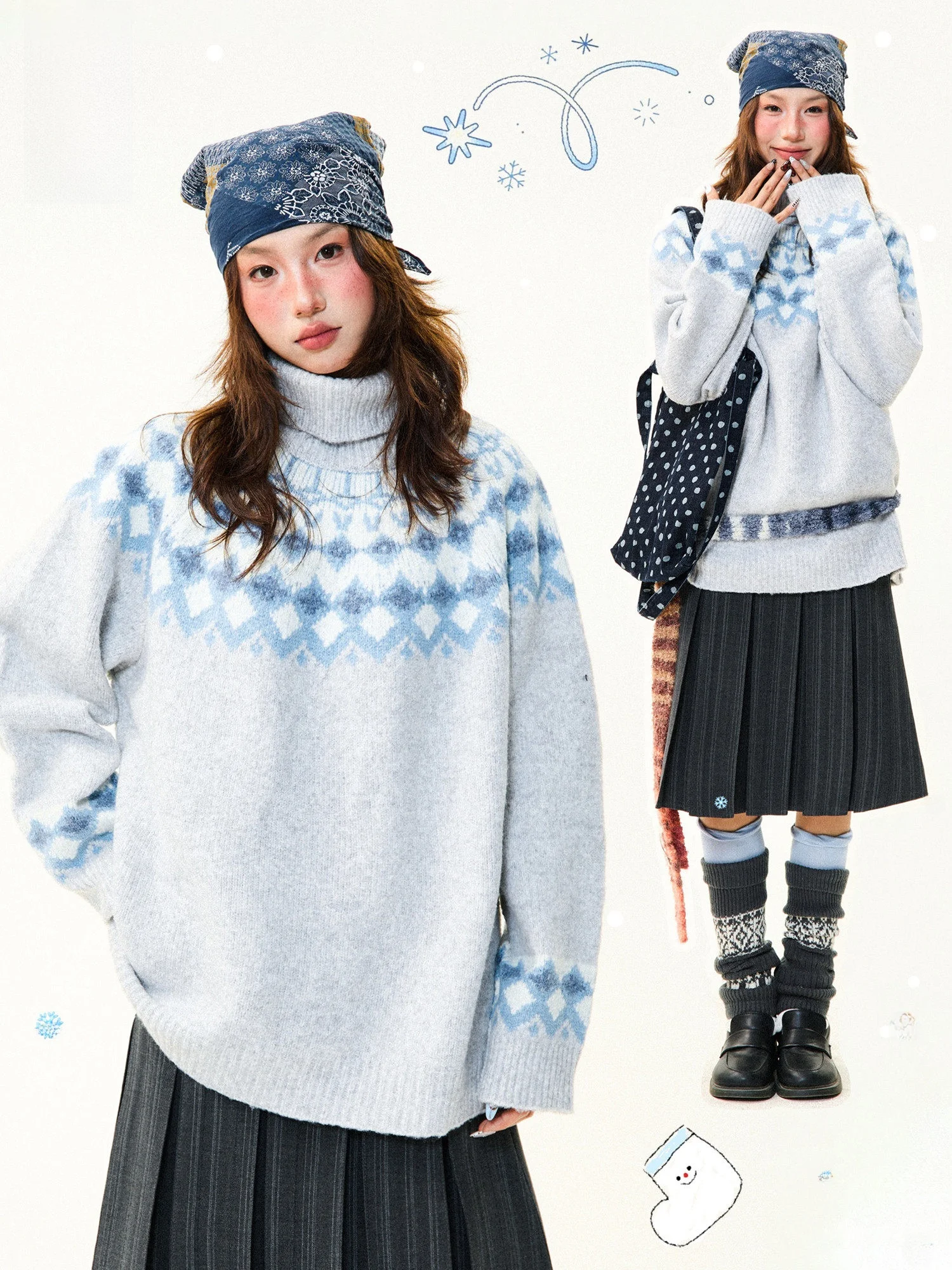 

Young Stage Women's High Neck Knitted Sweater Winter Warm Loose Fit Shoulder Insertion Vintage Style Comfortable Wool Blend