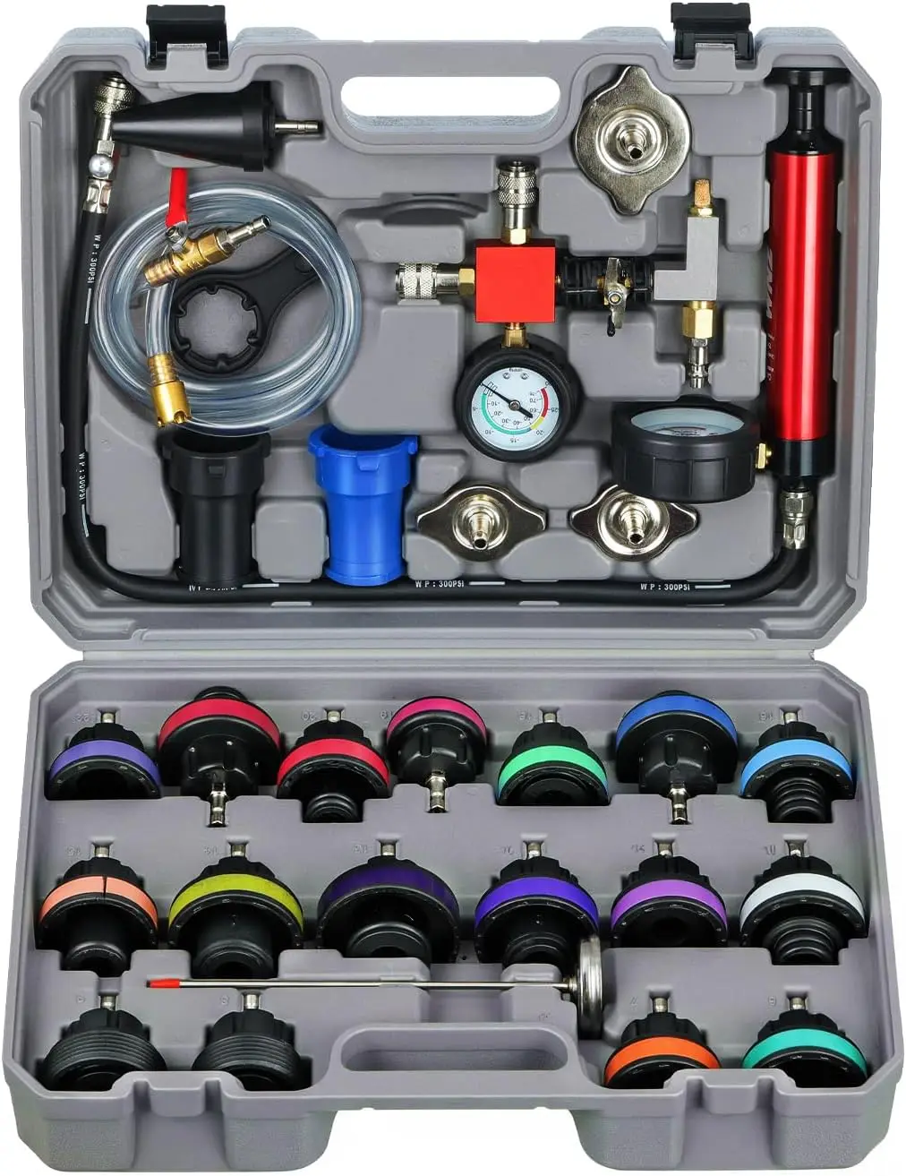 

Universal 28PC Radiator Pressure Tester Kit with Vacuum Pump for Cooling System Leak Detection and Coolant Replacement