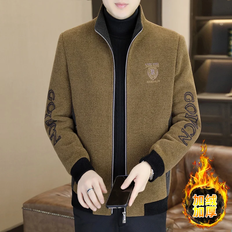 Korean Embroidered Woolen Jackets Men Thickened Velvet Warm Trench Coat Casual Business Short Wool Blends Jacket Men Clothing
