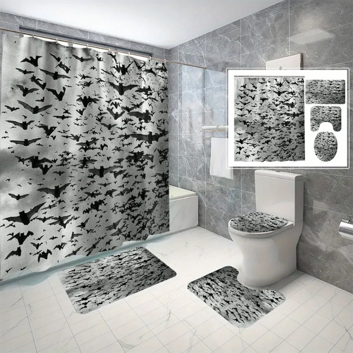 

4 шт. Набор для ванной комнаты с рисунком летучей мыши на Хэллоуин — полиэфирная ткань, занавеска для душа, коврик для сиденья унитаза, напольный коврик, U-образный коврик