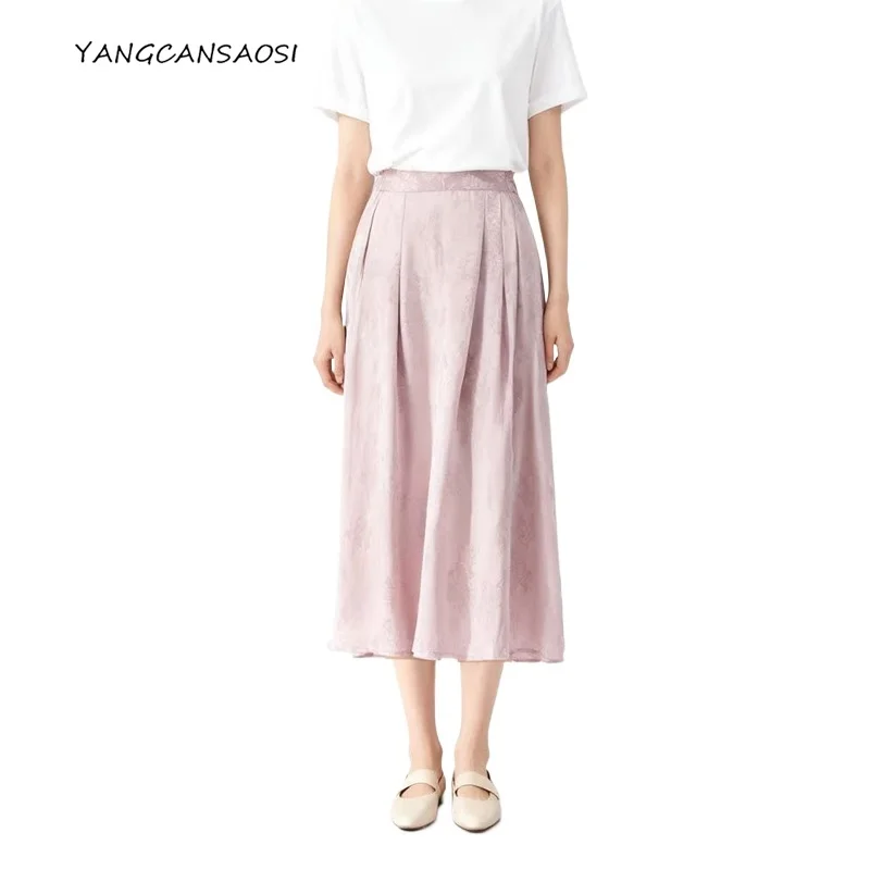 

Women's Fashion Autumn Clothing 100% Natural Mulberry Silk Jacquard Satin Large Swing Elastic Waist Elegant High Waisted Skirt