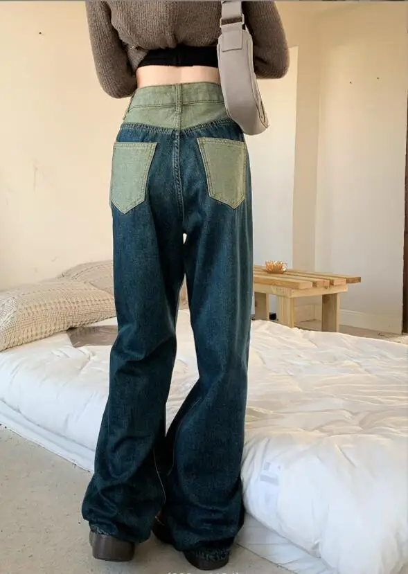 Women's Retro High Waist Jeans Patchwork Loose Pocket Buttons Contrast Color Denim Pants Spring 2023 Wide leg trousers w558