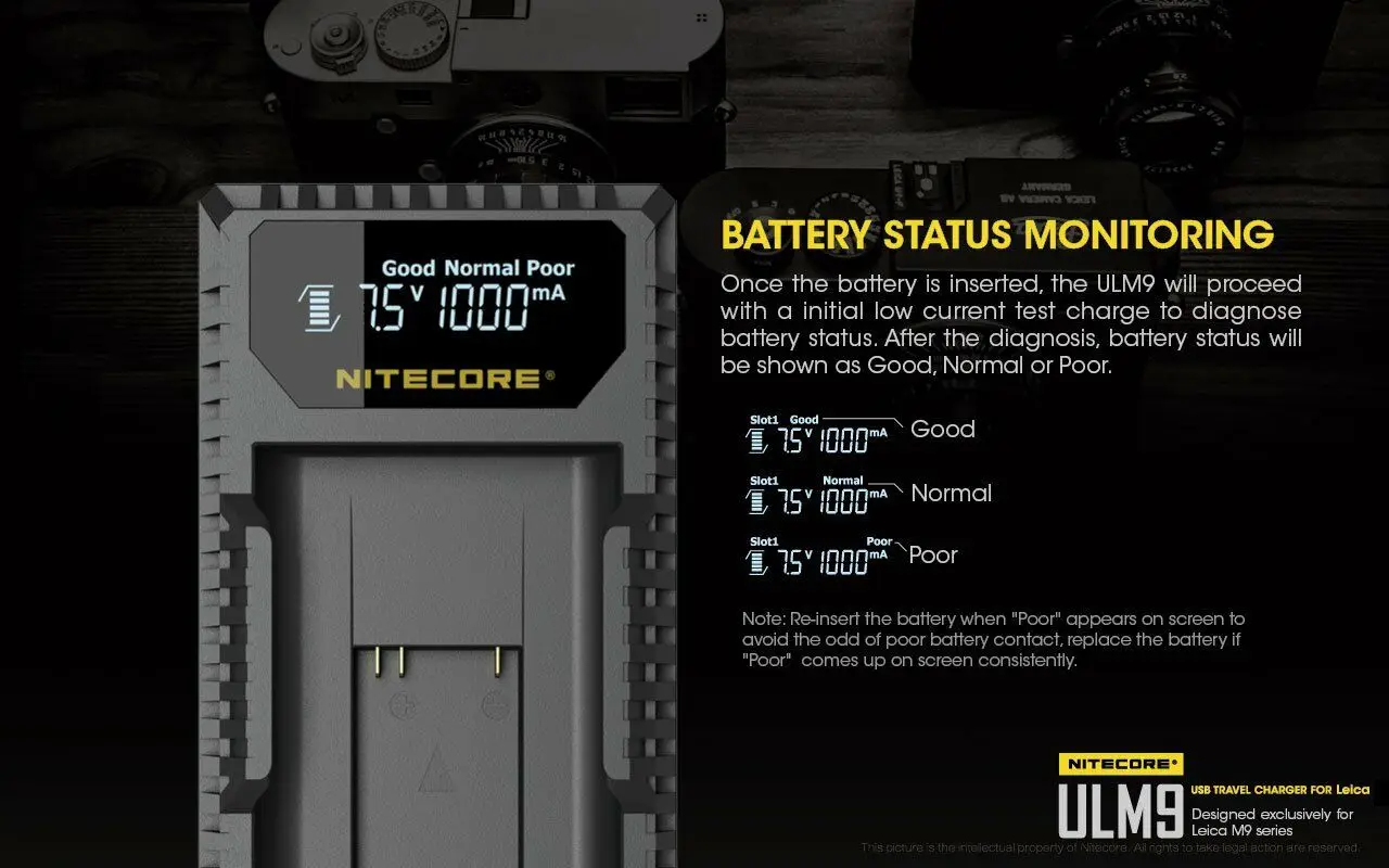 nitecore ULM9 USB Travel Charger For Leica BLI-312 Batteries Leica Camera BM8 M8 M8.2 M9 M9-P M-E
