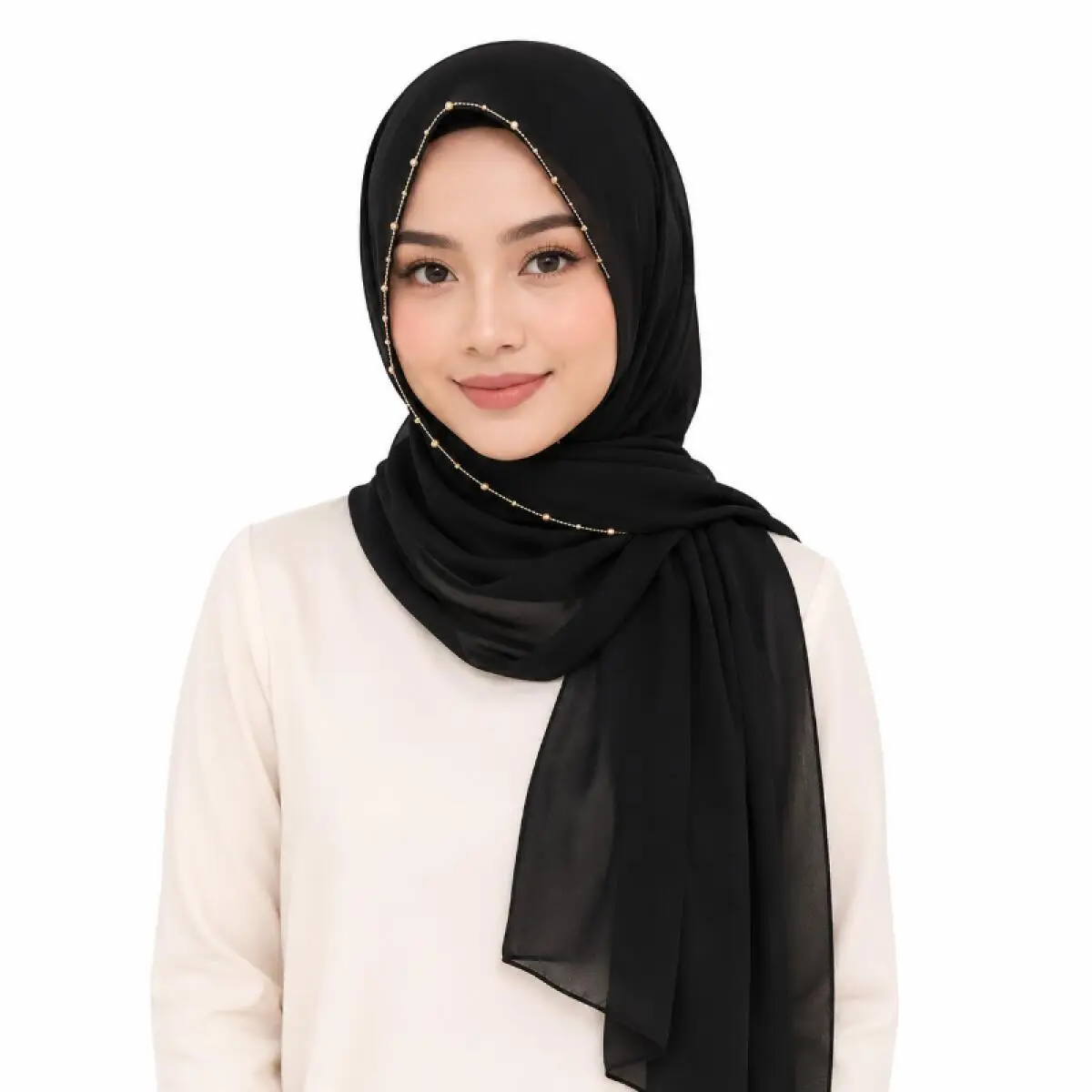 Hijab Scarf Golden Chain Pearl Chiffon Long Shawl for Muslim Women Elegant Soft Head Wrap Daily Party Wedding Fashion